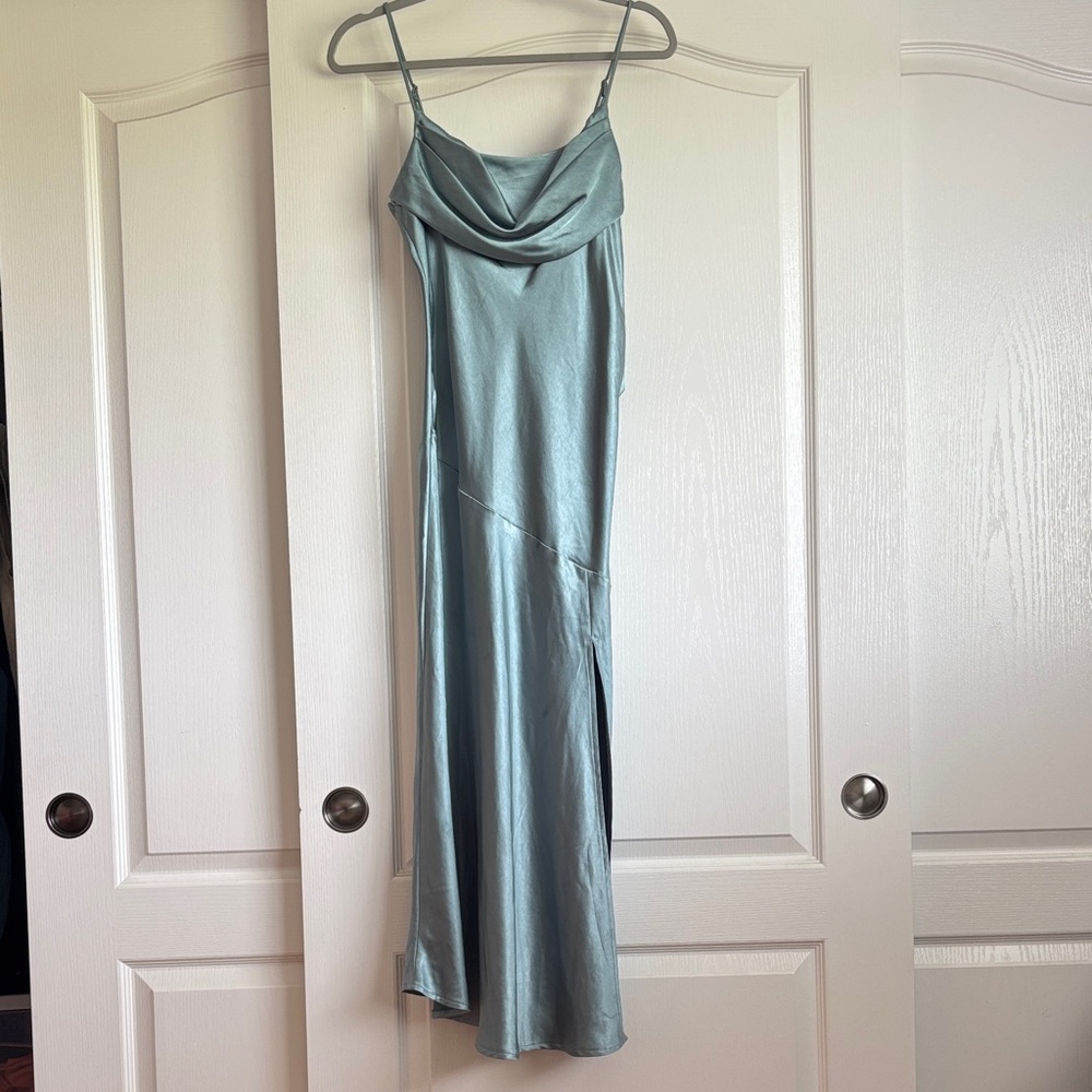 Satin Cowl Neck Midi Dress in Light Blue